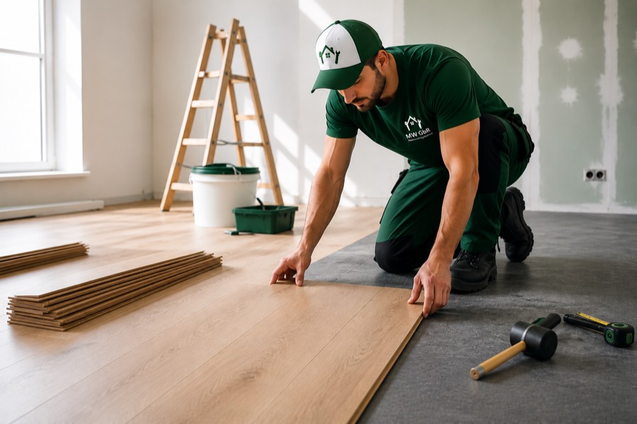 Mitarbeiter der MW GbR in grüner Arbeitskleidung verlegt Laminatdielen in einem hellen, leeren Raum